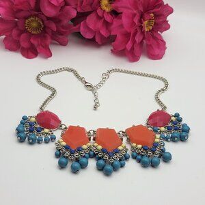 Silver-Tone Orange Blue and Red Statement Bib Necklace 18.5" Adjustable Acrylic